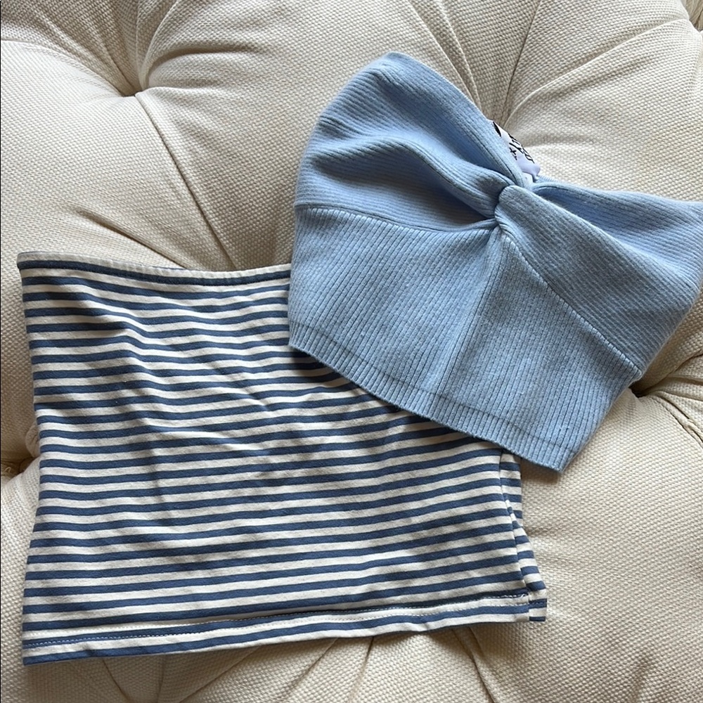 Blue Ribbed Beanie and Striped Tube Top